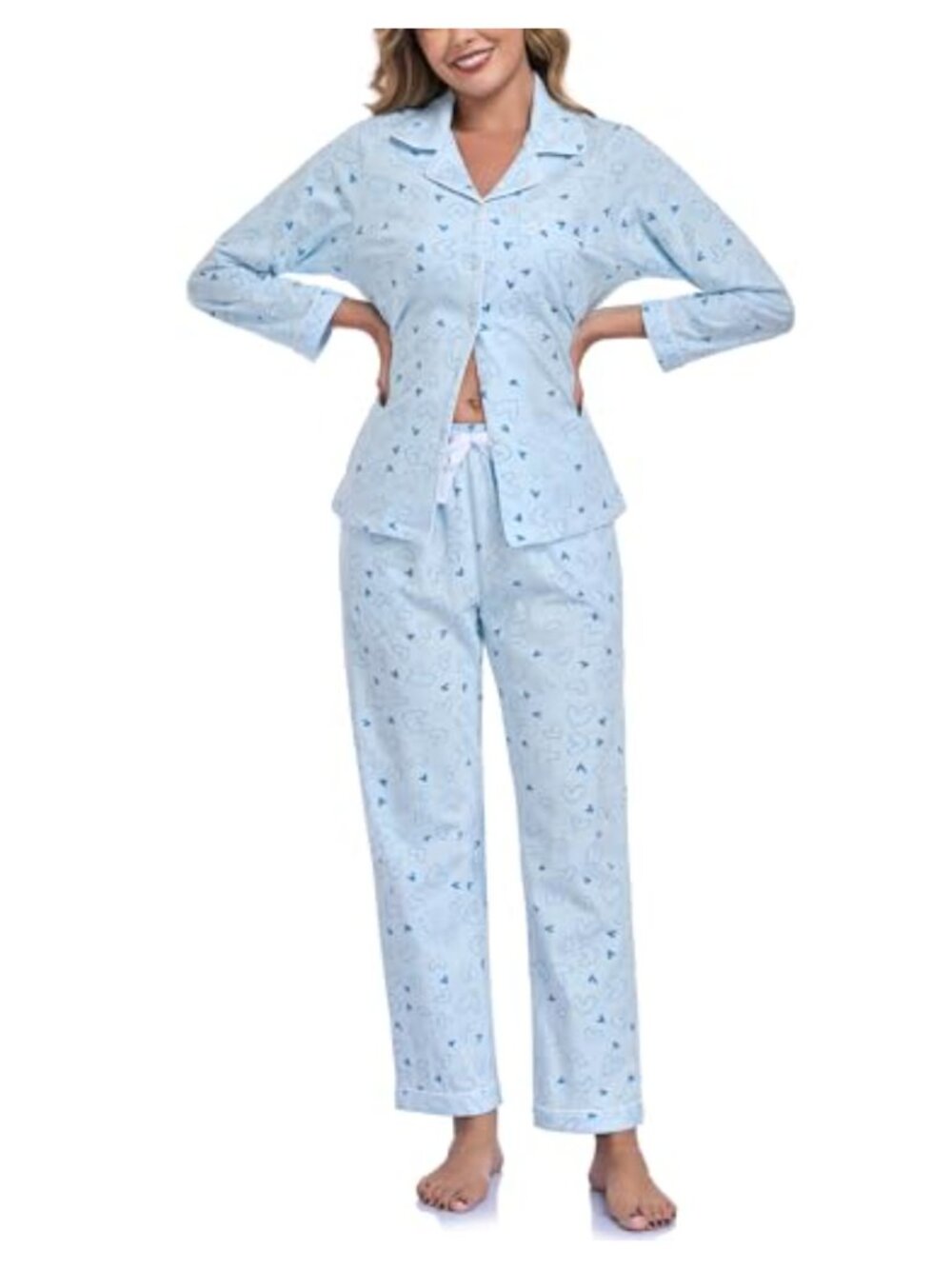 100% Cotton Pajama Set Long Sleeve Button Down Lounge PJs